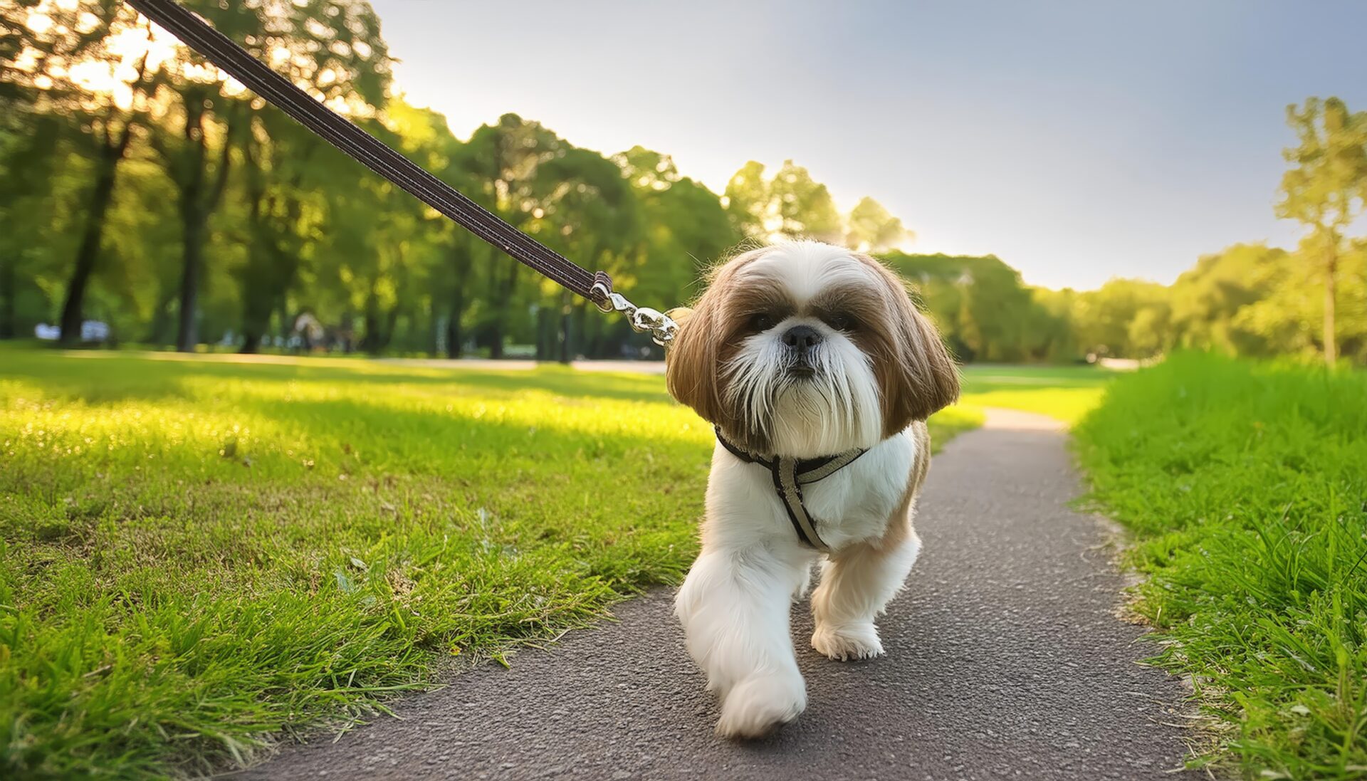 緑の小道を散歩するシーズー犬