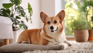 クッションでくつろぐコーギー犬