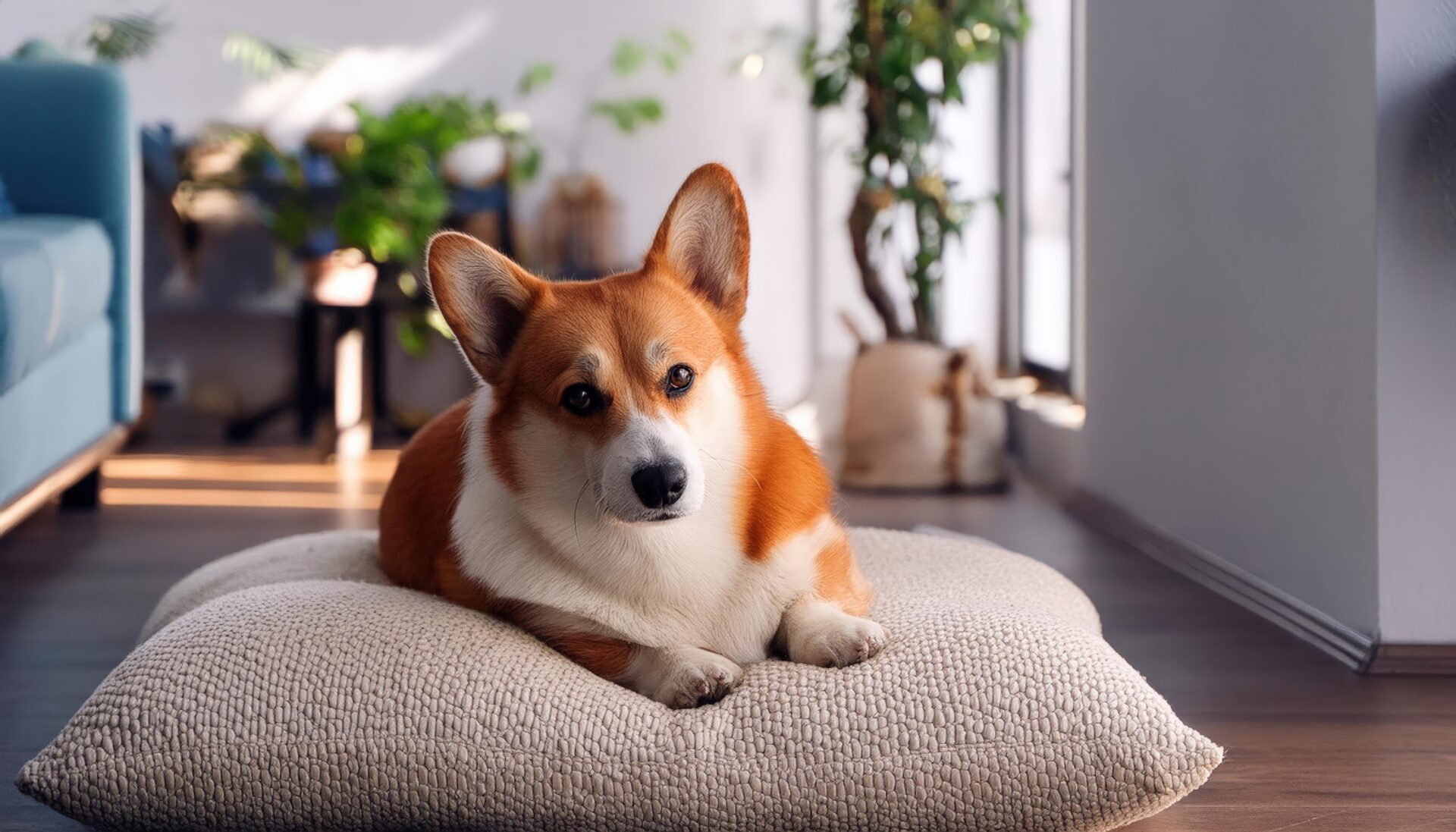 部屋でくつろぐコーギー犬