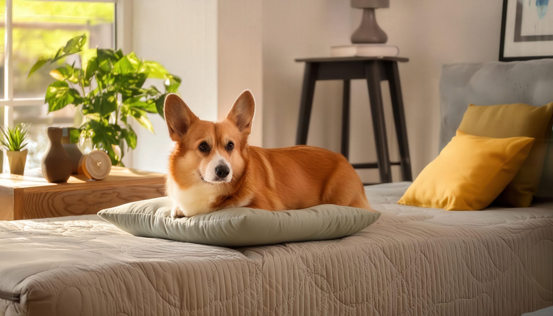 ベッドの上でくつろぐコーギー犬