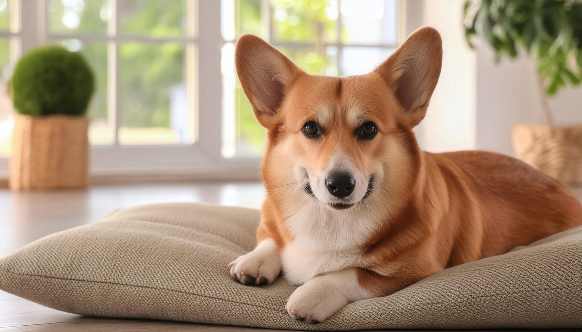明るい室内でくつろぐコーギー犬