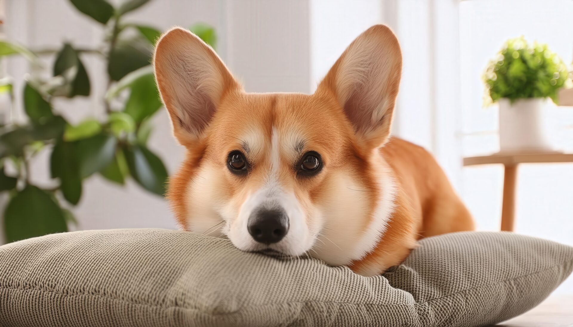 クッションに顔を乗せるコーギー犬