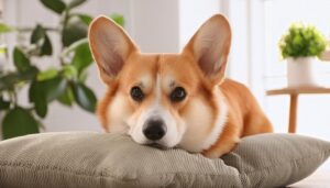 クッションに顔を乗せるコーギー犬