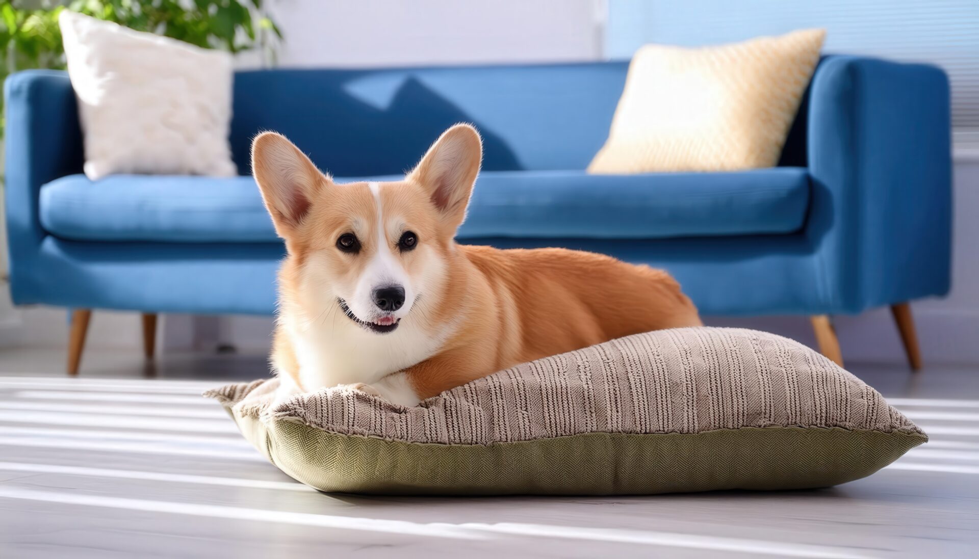 青いソファの前でくつろぐコーギー犬