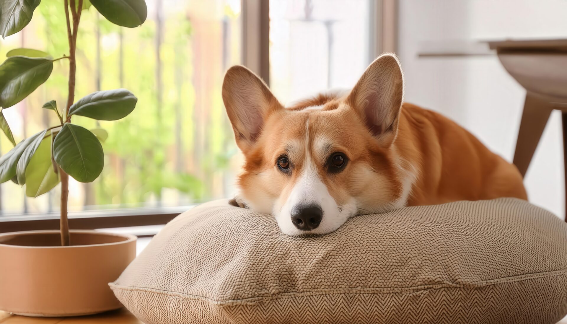 窓辺でくつろぐコーギー犬
