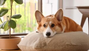 窓辺でくつろぐコーギー犬