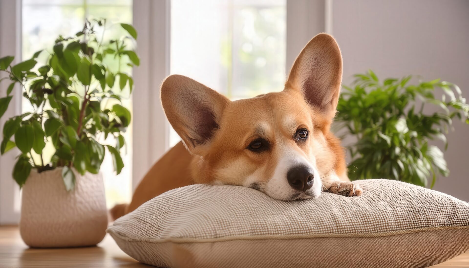 観葉植物に囲まれたコーギー犬