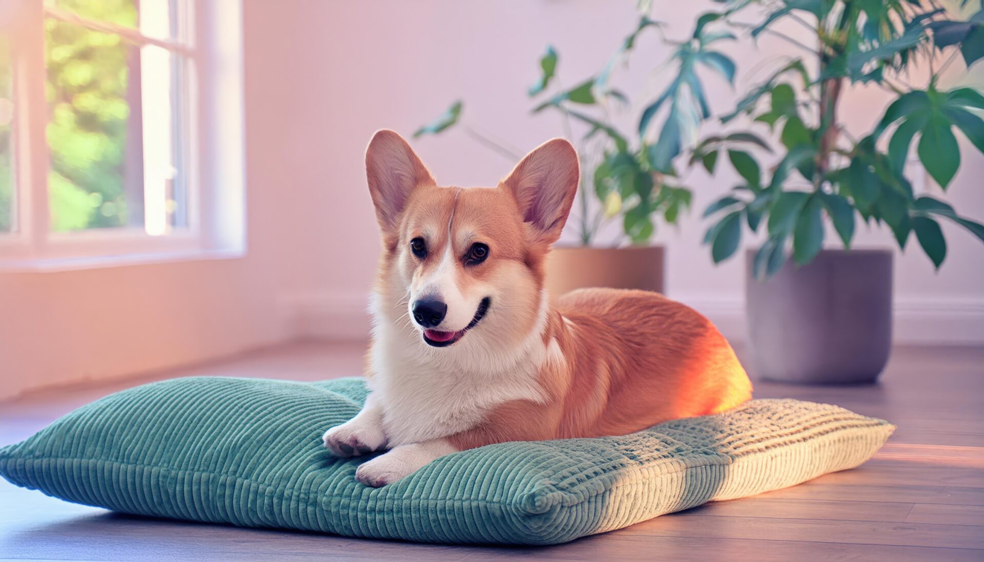 日差しの中でくつろぐコーギー犬