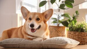 緑のクッションに座るコーギー犬