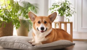 室内でクッションに座るコーギー犬