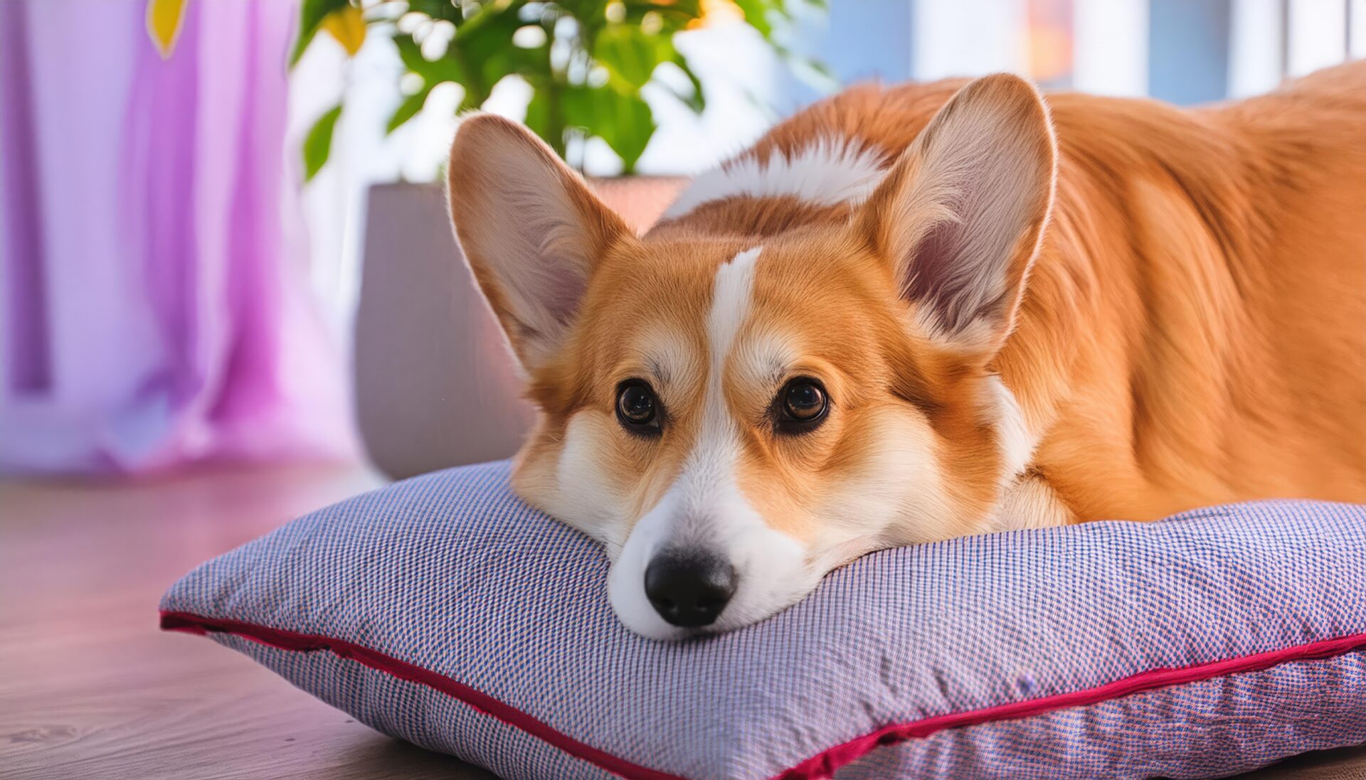 クッションに顔を乗せるコーギー犬（紫のカーテン）