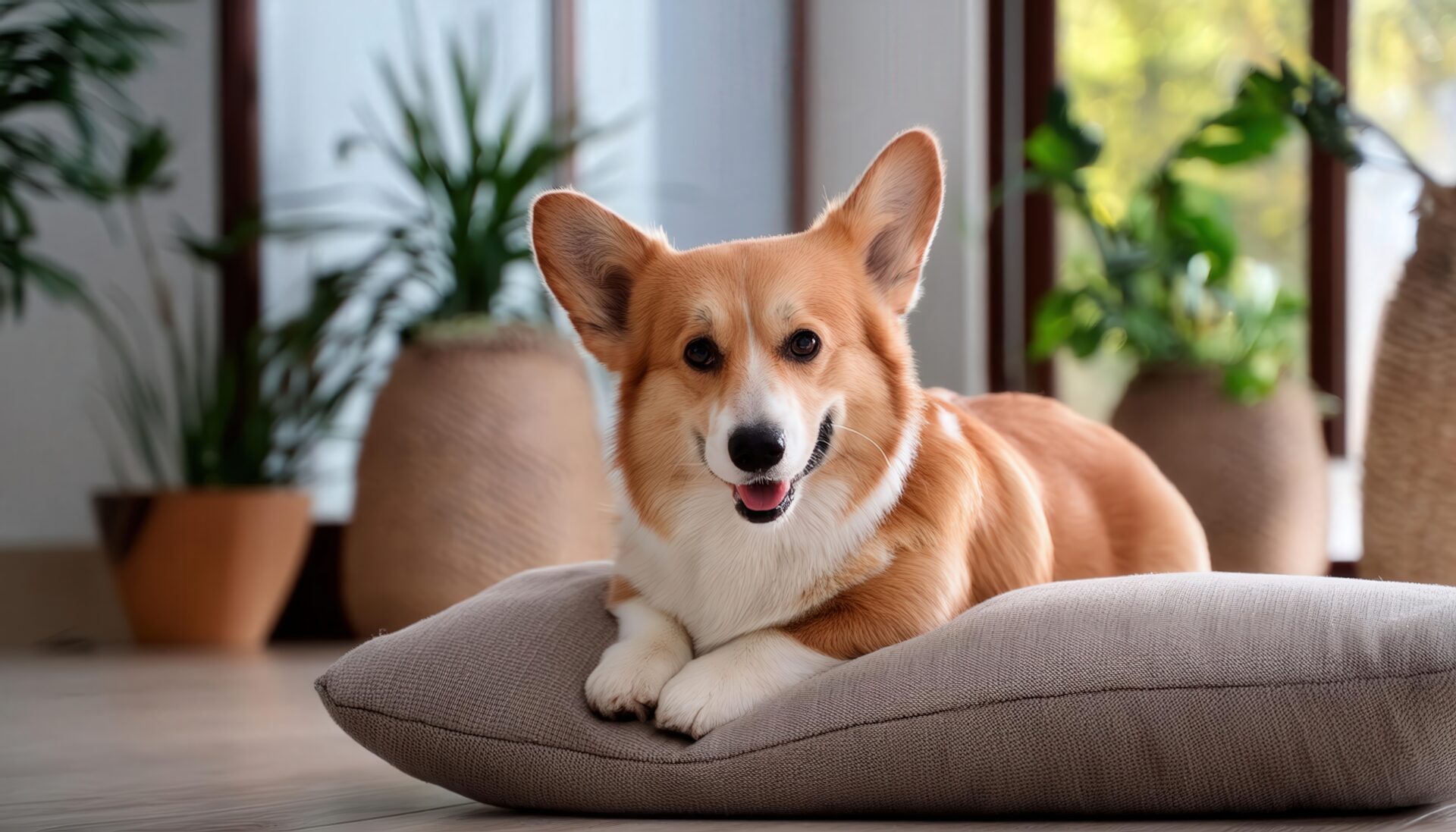 自然光の差す室内でリラックスするコーギー