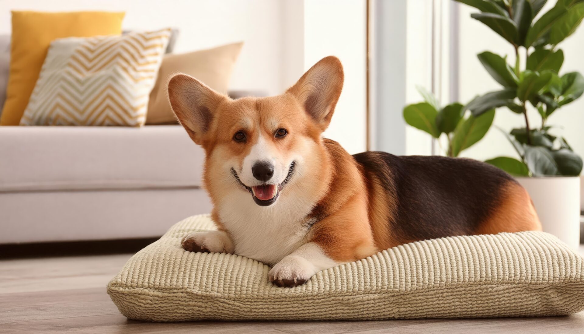 ソファ前でくつろぐコーギー犬