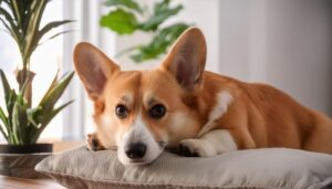 クッションにあごを乗せたコーギー犬