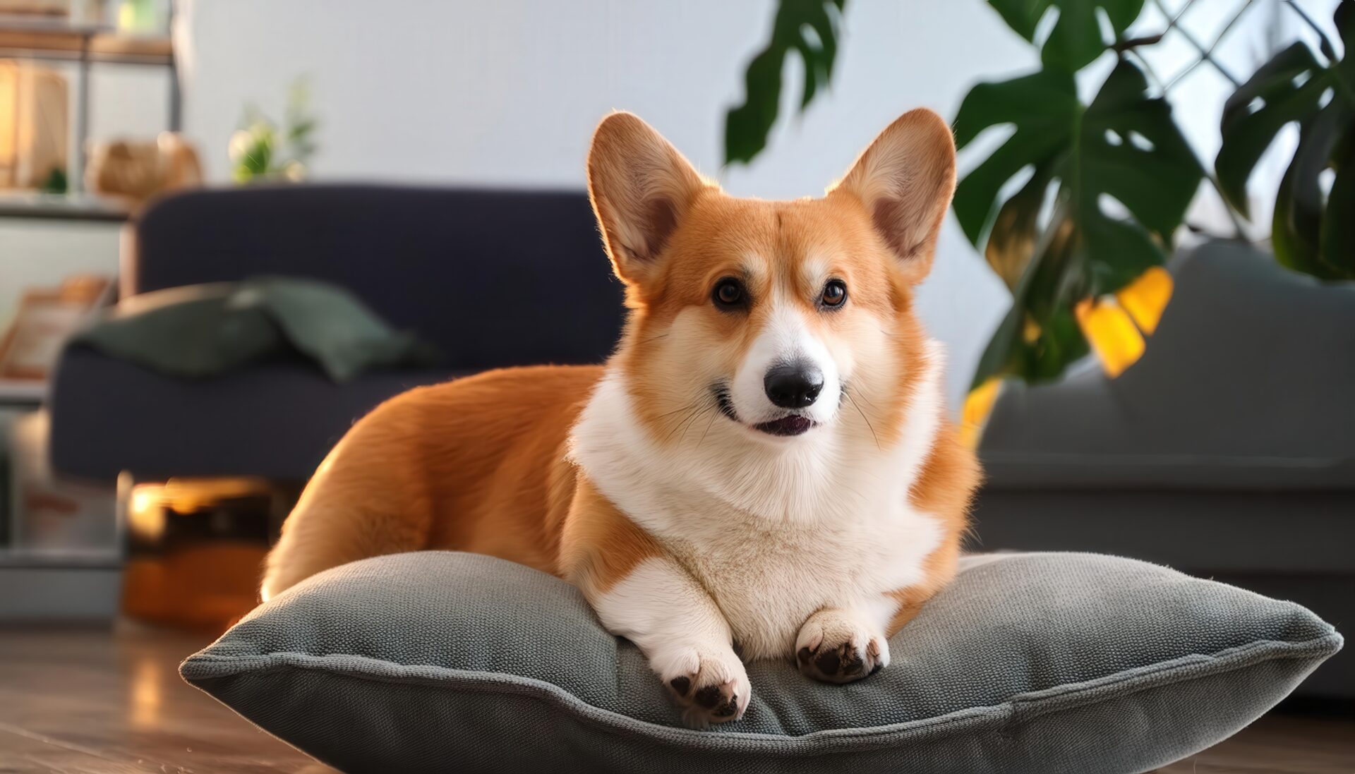 ソファ横のクッションで横たわるコーギー犬