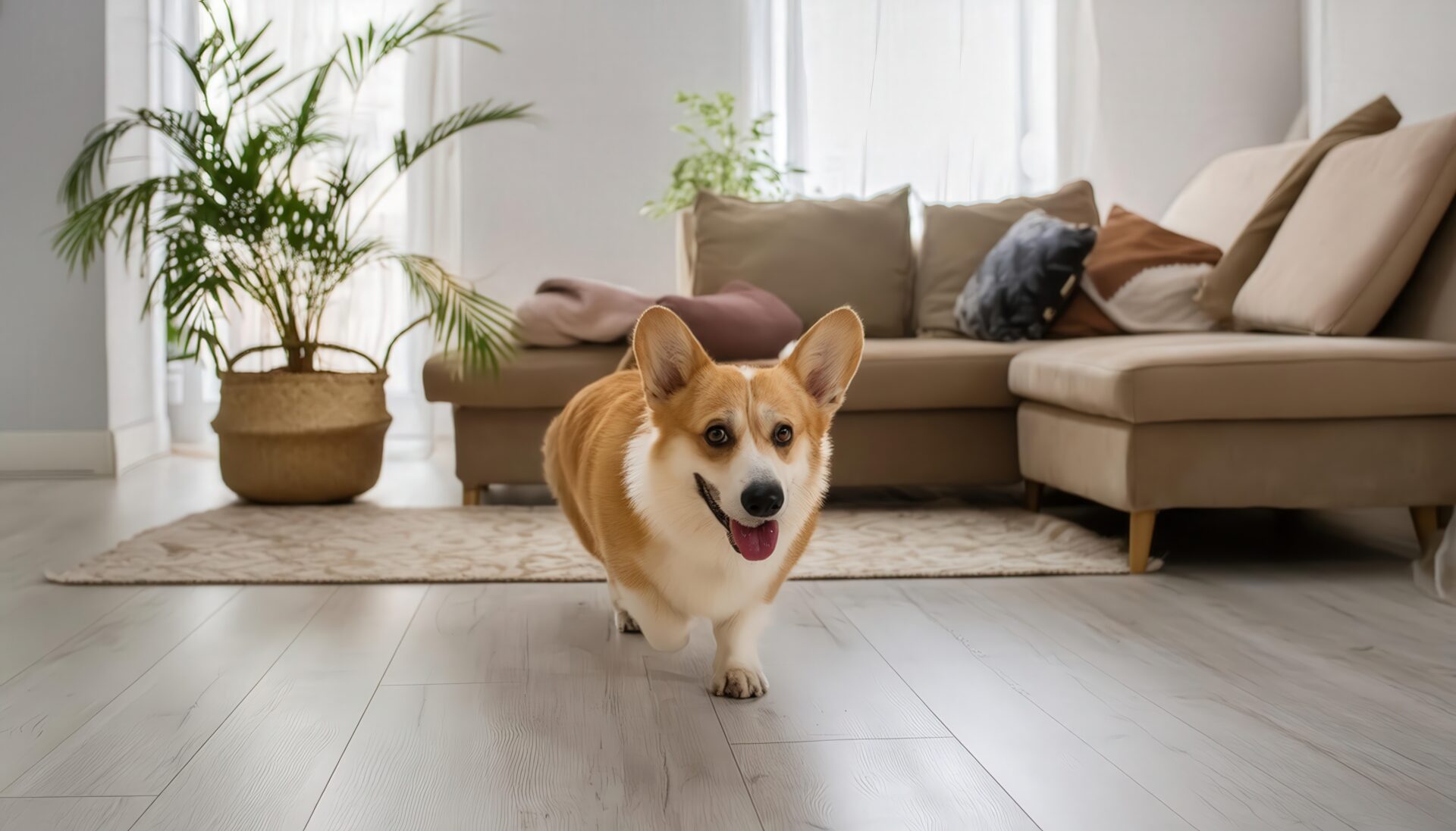 ソファ前を歩くコーギー犬