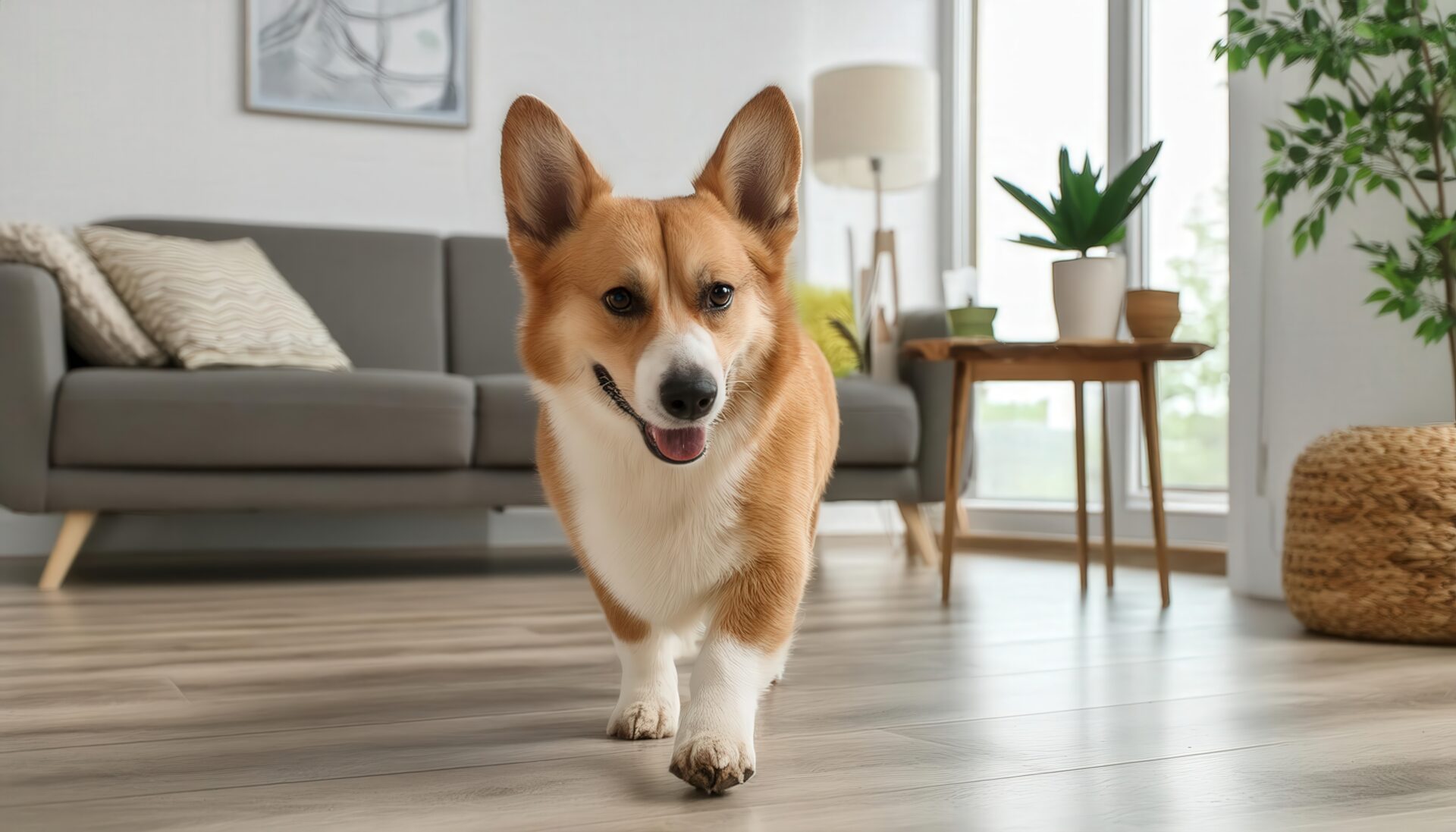 明るいリビングを歩くコーギー犬