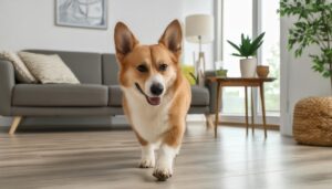 明るいリビングを歩くコーギー犬