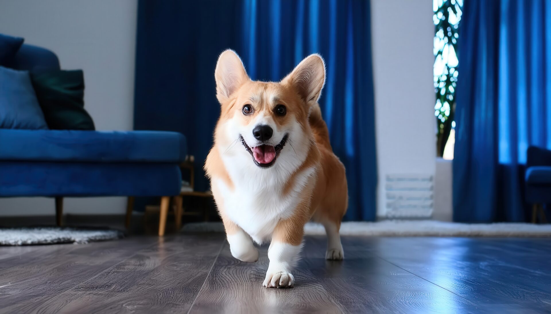 青いカーテンの部屋で歩くコーギー犬