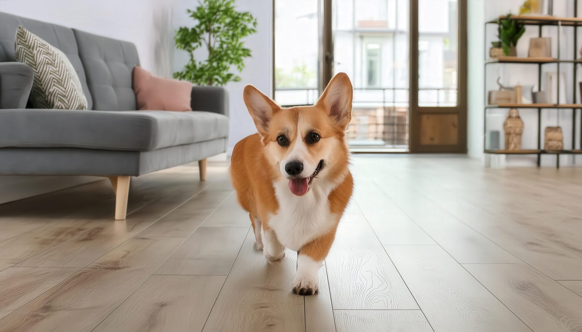 明るいリビングで歩くコーギー