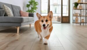 明るいリビングで歩くコーギー