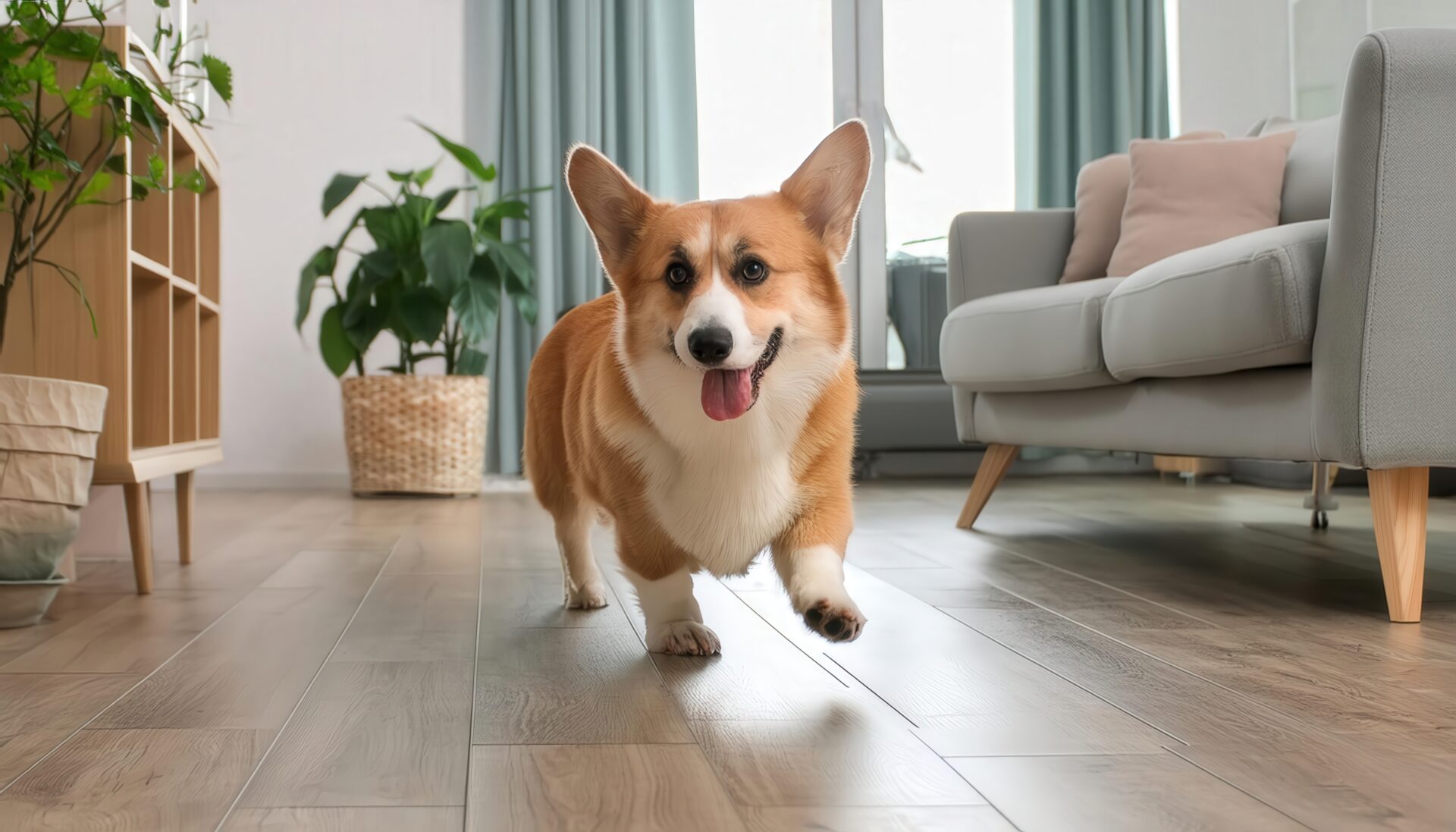 室内のフローリングを歩くコーギー犬