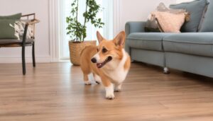 ソファ横を見つめるコーギー