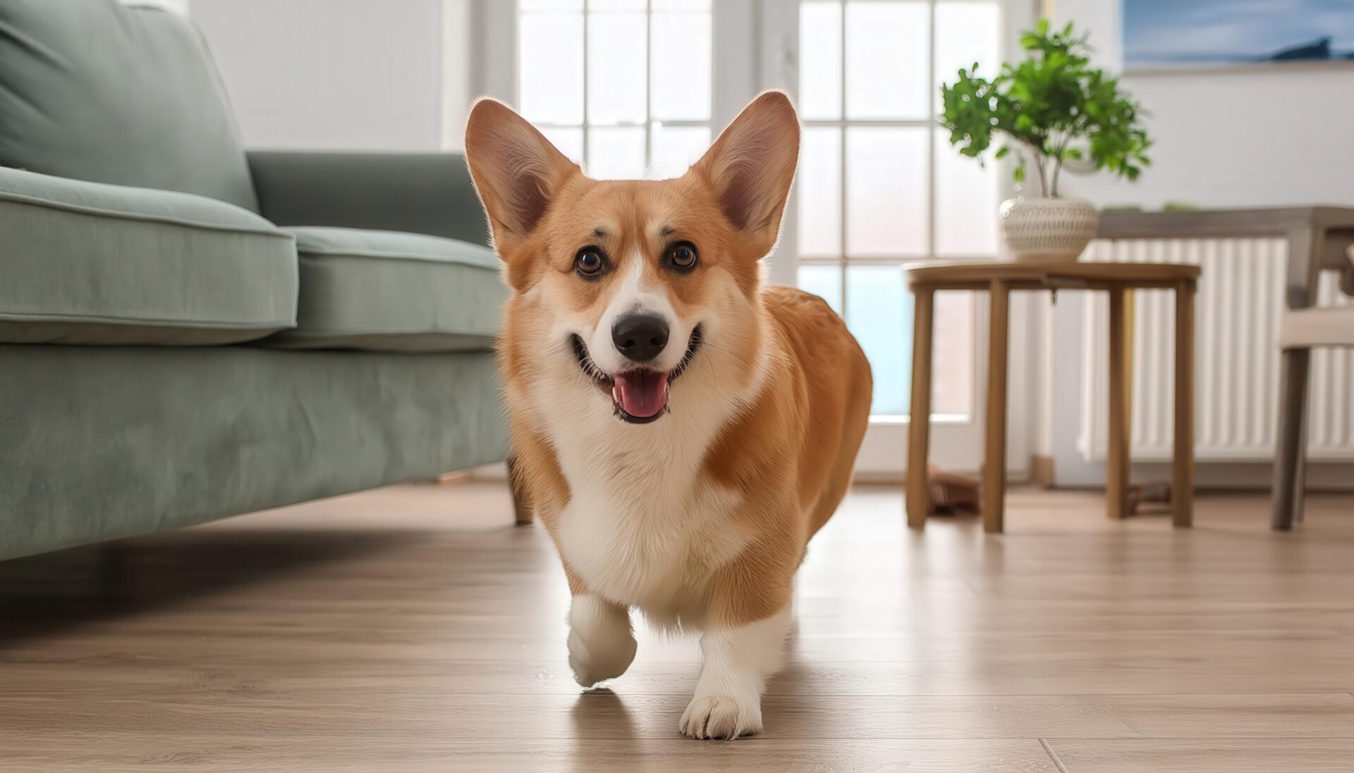 室内でカメラを見るコーギー犬