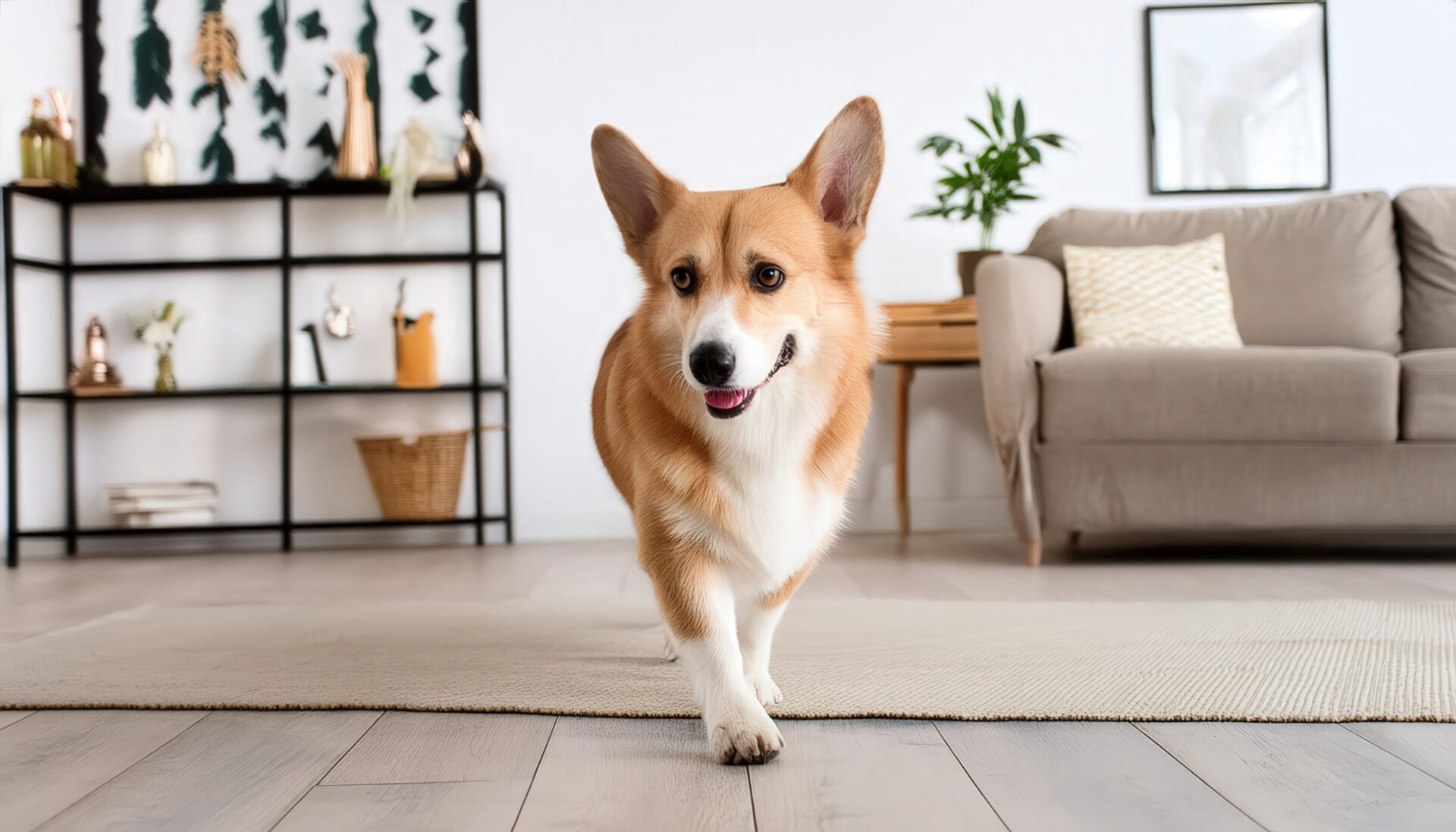 ラグの上を歩くコーギー