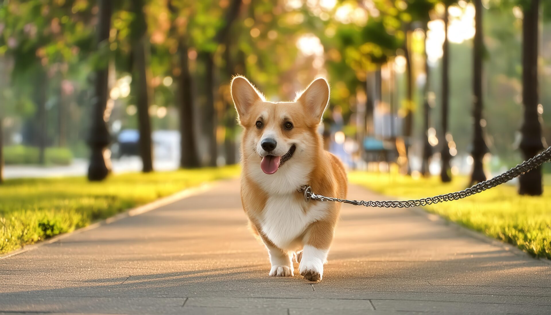 公園を歩くコーギー犬