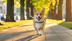 並木道を散歩するコーギー犬