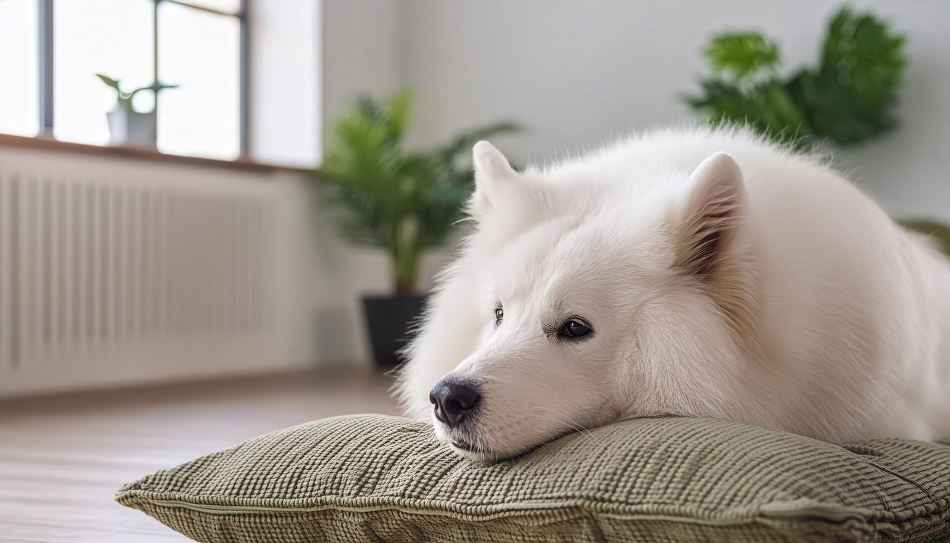 クッションに顔をのせて休む白い犬