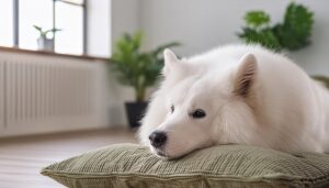 クッションに顔をのせて休む白い犬