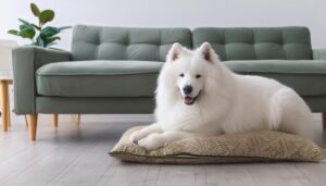 ソファ前でくつろぐ白い犬