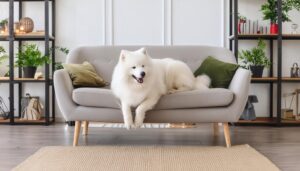 ソファの上で休む白い犬