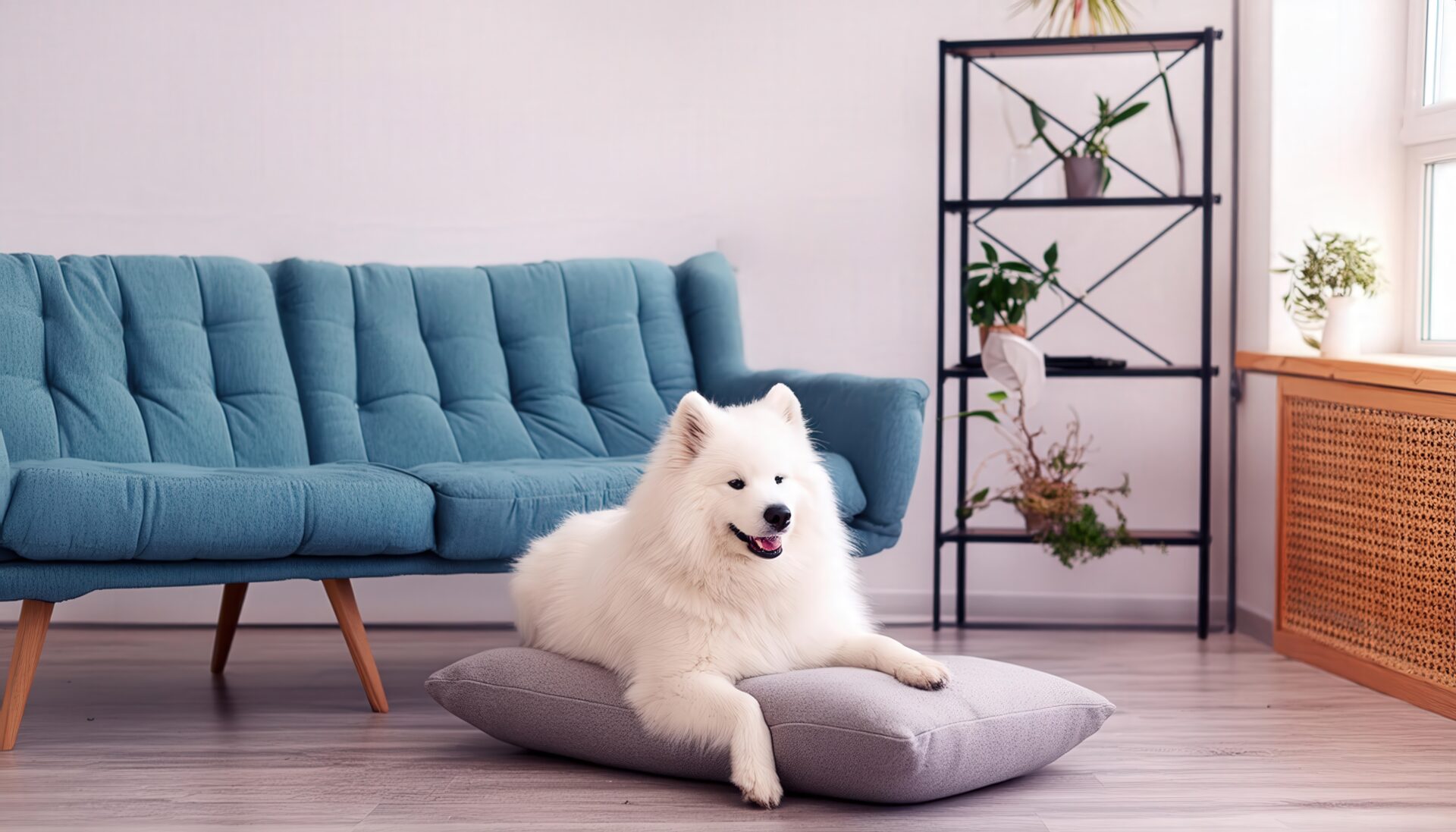 青いソファと白い犬