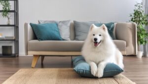 クッションに座る白い犬