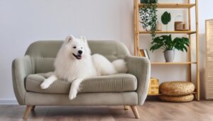 ソファに寝そべる白い犬