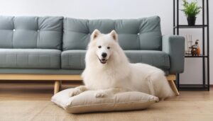 クッションの上でくつろぐ白い犬