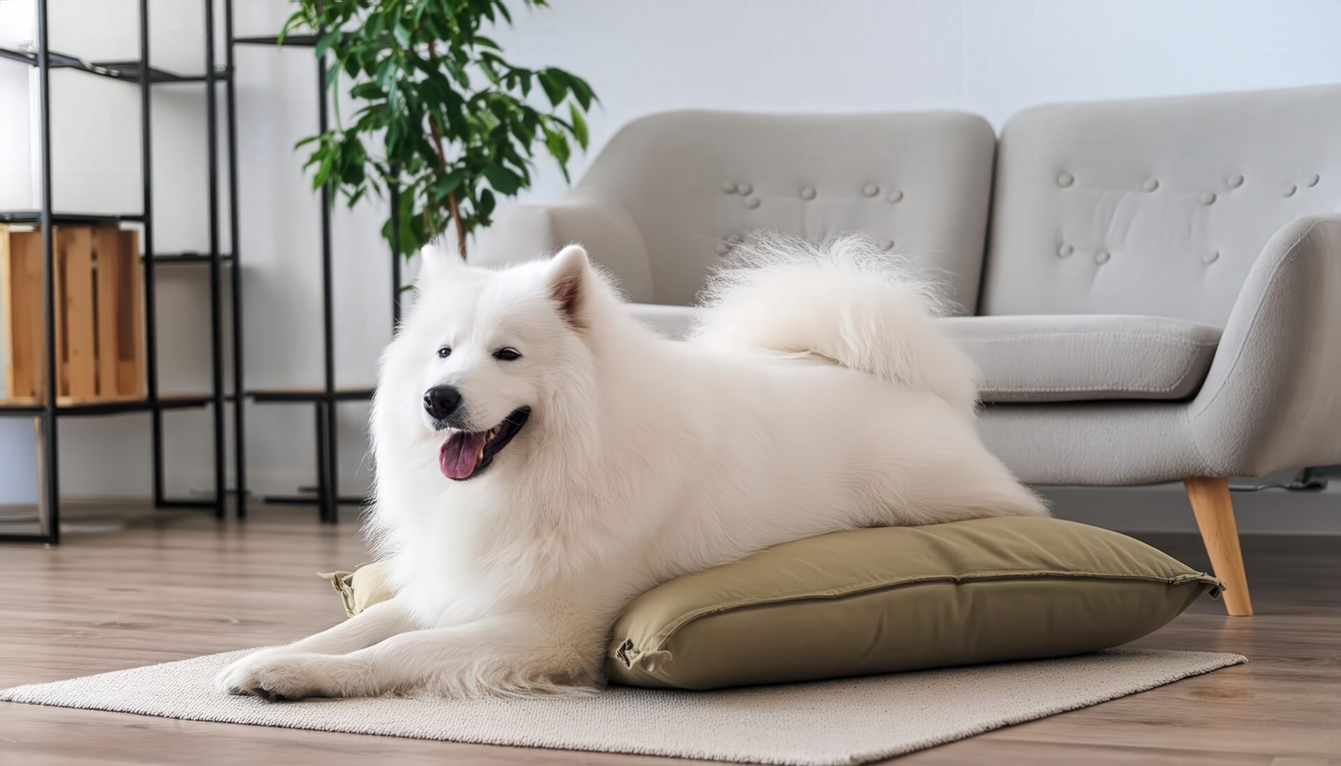 緑のクッションでリラックスする犬