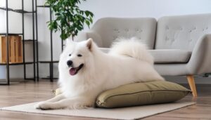 緑のクッションでリラックスする犬