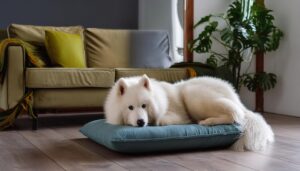 静かな室内で横になる白い犬