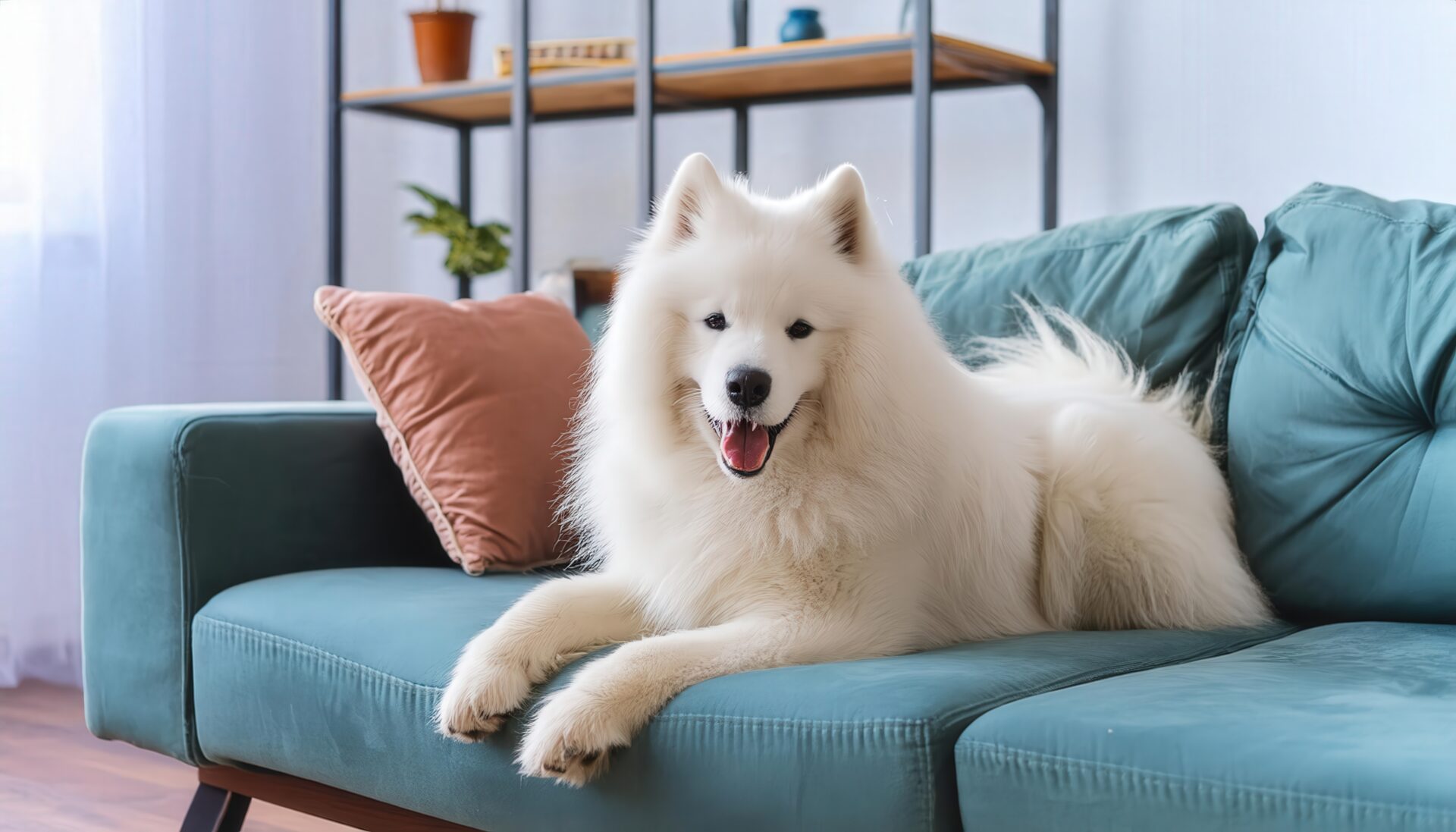 ソファの上でくつろぐ白い犬