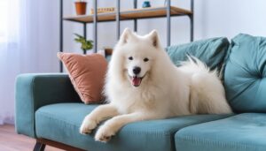 ソファの上でくつろぐ白い犬