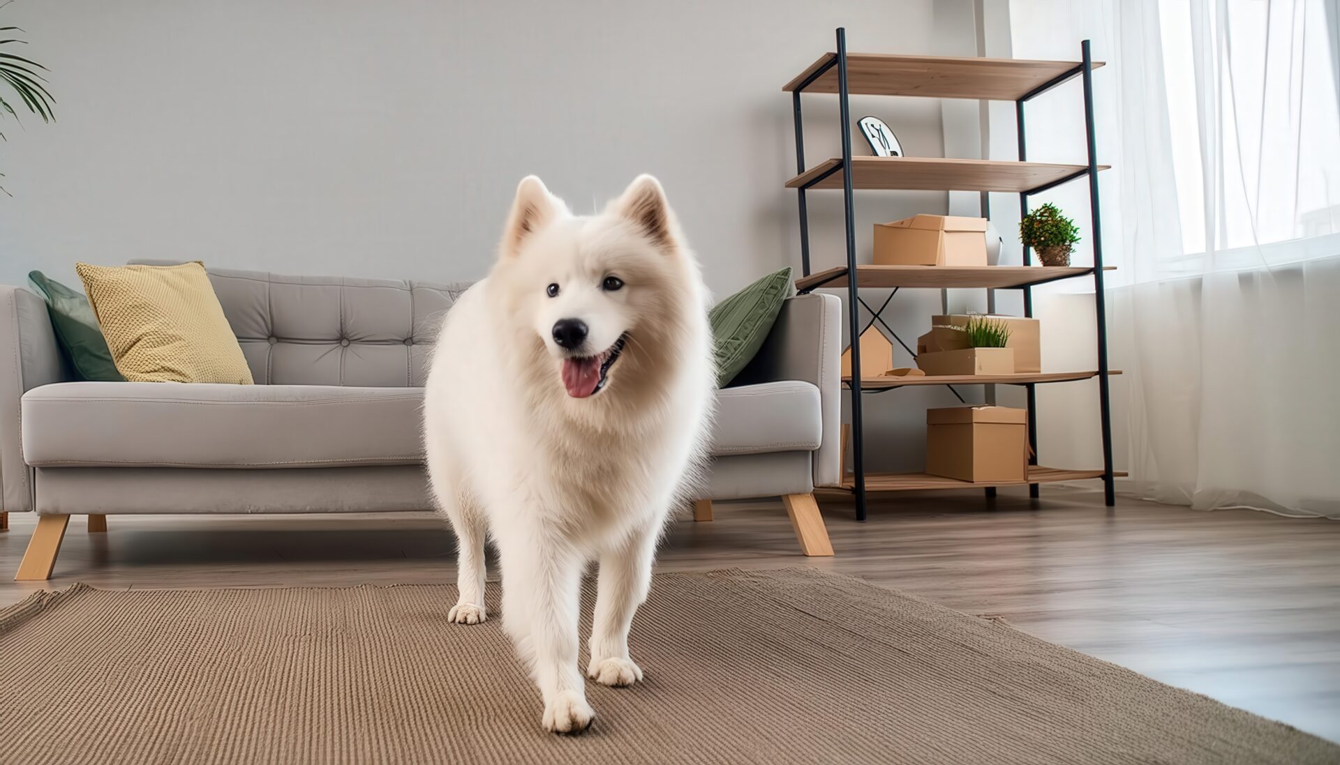 ソファの前に立つ白い犬