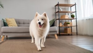 ソファの前に立つ白い犬