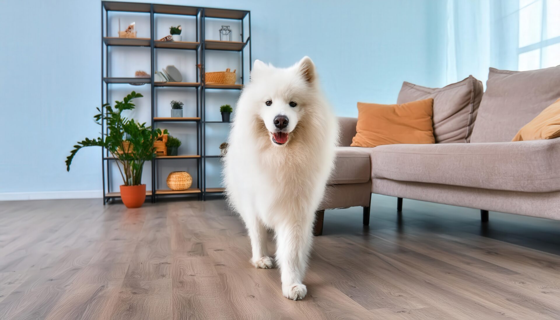 室内を歩く白い犬