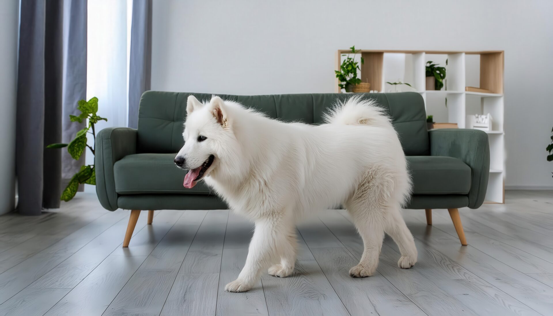 ソファの前を歩く白い犬