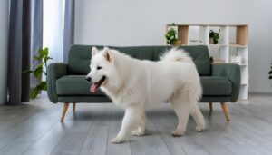 ソファの前を歩く白い犬