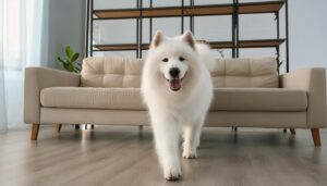 ベージュのソファ前で歩く白い犬